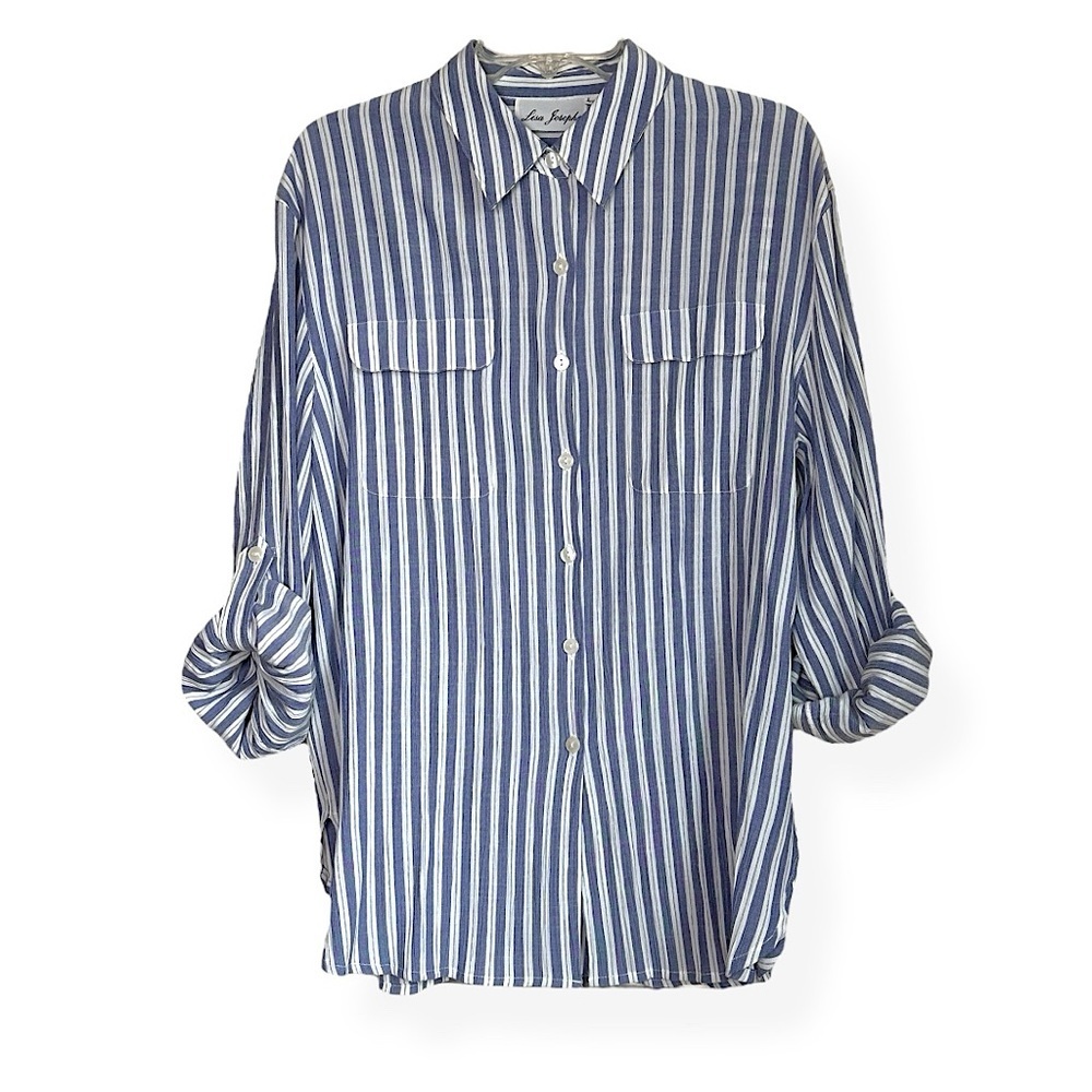 3/$20💥 Lisa Josephs Button Down Shirt Collared Roll Tab Preppy Blue White Stripe